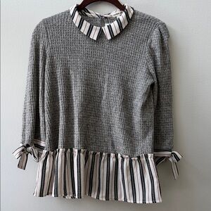 Monteau Kids Gray Textured Sweater Blouse with Striped Accents Collar Ruffle